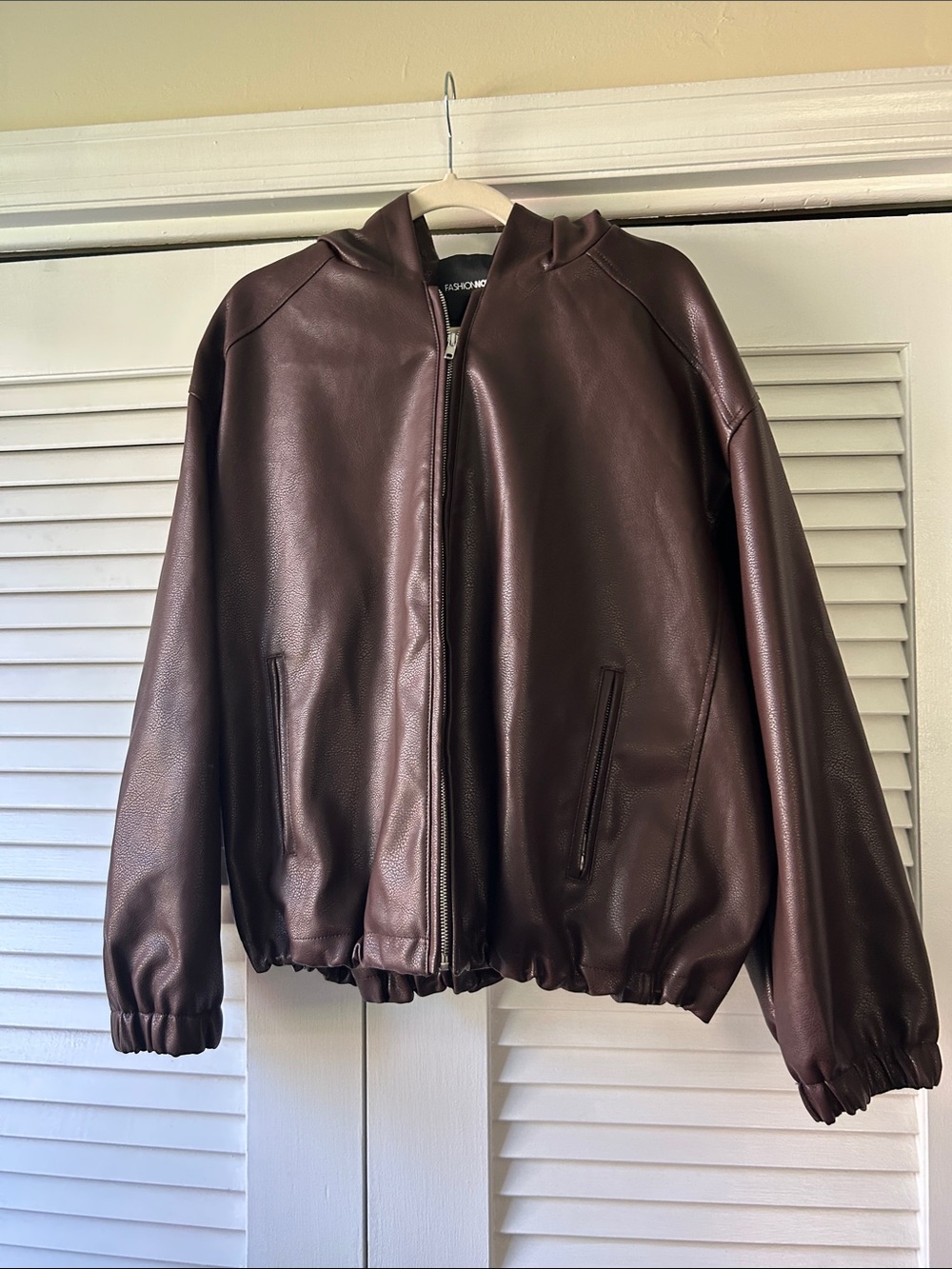Fashion Nova Women's Dark Brown Faux Leather Hooded Bomber Jacket